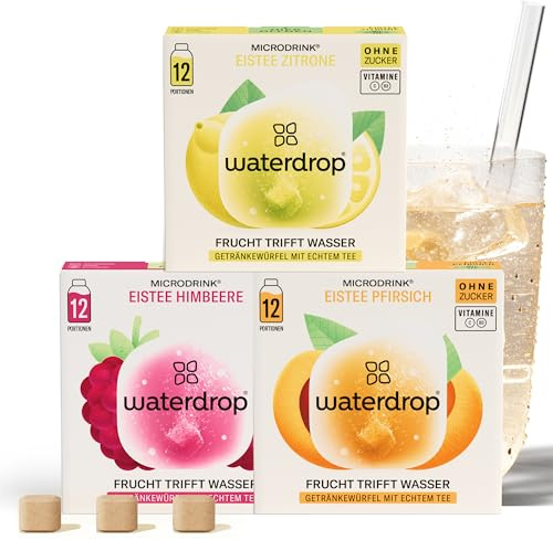 waterdrop® Eistee Mix - 36 Drops Pfirsich, Zitrone & Himbeere - zuckerfreier Durstlöscher & Alternative zu Sirup und Getränkepulver - Ice Tea mit Vitaminen & Schwarzem Tee für Wasser mit Geschmack