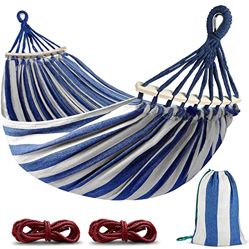 Hängematte Outdoor Camping Hängematte mit gebogener Holzstange, Befestigungsgurte und Tragetasch für Indoor, Balkon, Terrasse, Garten, Rucksackreisen