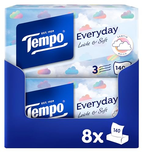 Tempo XXL Light Box Taschentücher - Megapack - 8 Boxen, 140 Tücher pro Box - weiche Papiertaschentücher, waschmaschinenfest