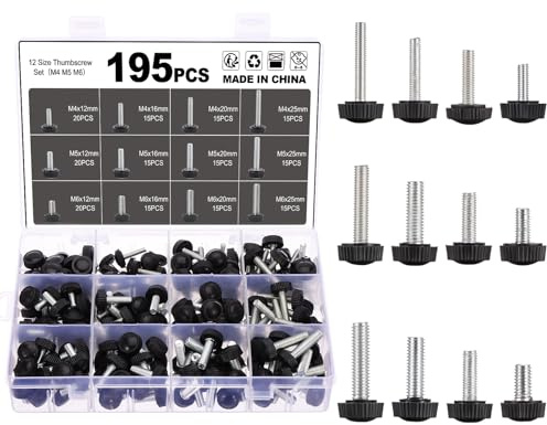 Moendergo 12 Größen 195 Stück Rändelschraube Set, M6 M5 M4 Rändelschrauben mit Griff, Carbon Gewinde Rundkopf Rändelschraube für Arten von Ständer und Maschinen