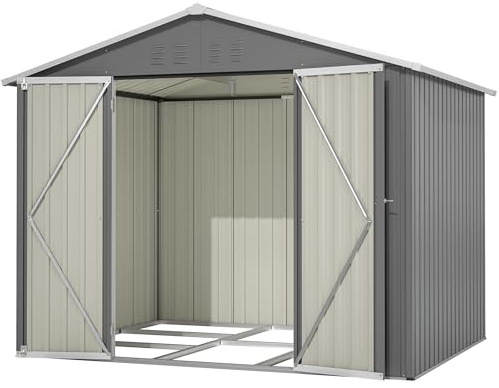Thanaddo 8×6ft Gerätehaus Metall Groß Geräteschuppen 240x192x191 cm mit Fundamentrahmen, Wetterfest Gartenhaus mit Satteldach & Abschließbarer Tür, Gartenschuppen für Outdoor Garten Hinterhof, Grau