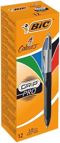 BIC 4 Farben Kugelschreiber Set 4 Colours Grip Pro, mit gummierter Griff-Fläche, 12er Pack, Ideal für das Büro, das Home Office oder die Schule