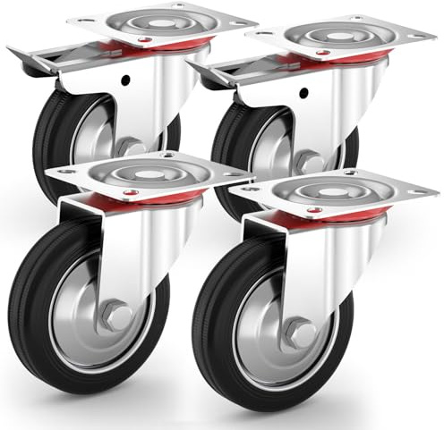 PRIOstahl Schwerlastrollen Set 4 x 100mm Transportrollen mit Bremse bis 280kg Vollgummi Lenkrollen Industrierollen für Werkstatt Werkbank Werkzeugwagen oder Transportroller Palettenmöbel