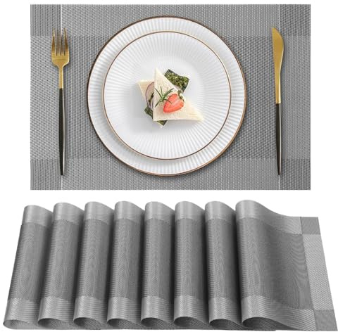 Gucass 8er Set Tischsets Abwaschbar, PVC Platzsets Abwischbar Platzdeckchen, Placemats Abgrifffeste Hitzebeständig rutschfest, Tischmatten für Küche Restaurant Speisetisch, 45x30cm(Grau)