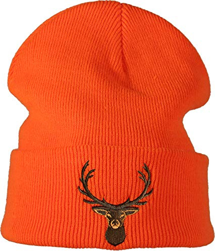 Baddery Jäger Beanie - „Hirsch“ - Bestickte Strickmütze für Herren & Damen - Warme Wintermütze (One Size - Signal Orange)