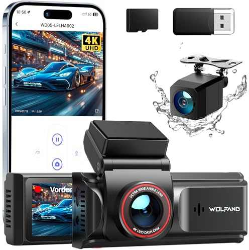 WOLFANG 4K Dashcam Auto Vorne Hinten, WiFi-Dashcam, Dash Cam Auto Kamera mit 3 IPS-Bildschirm, Super-Nachtsicht, Loop-Aufnahme, G-Sensor, 170-Grad-Weitwinkel WDR, Parkschutz, 32-SD-Karte