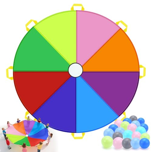 Schwungtuch mit Griffen und 20 Bälle Schwungtuch Kinder Ø 300 cm Bunt Spielzeug für Draußen - Gruppenspiele für Drinnen und Draußen für Schulen und Kindergeburtstage