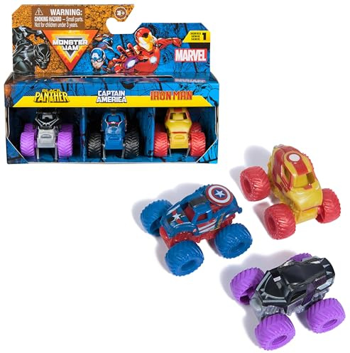 Monster Jam Marvel - Mini-Truck 3er-Set mit Black Panther, Captain America, Iron Man, Maßstab 1:87, robust und mit coolen Details, für monstermäßige Superhelden-Action an jedem Ort, ab 3 Jahren