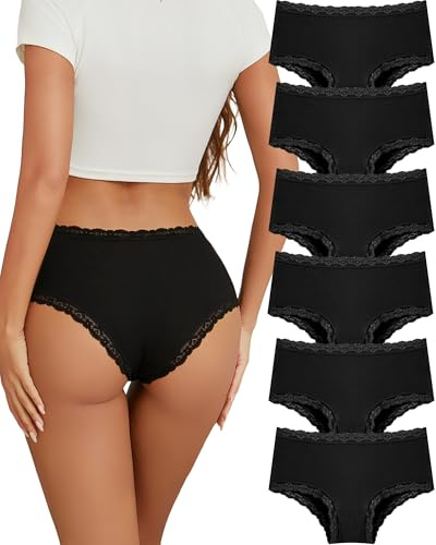 Unterhosen Damen Baumwolle Slips Brasil mit Spitze Mittlere Taille 6er Pack
