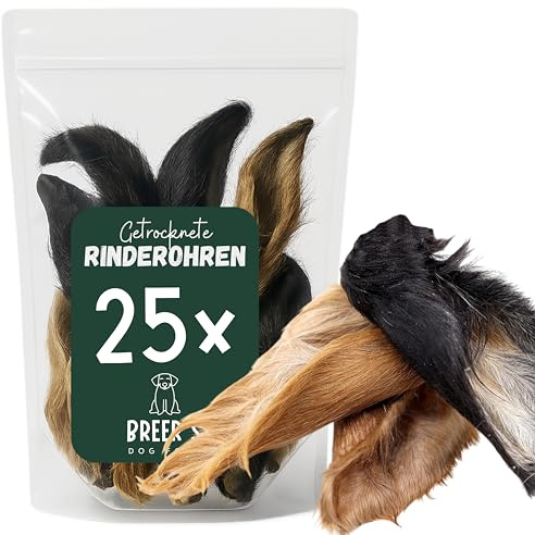 BREERs Rinderohren mit Fell für Hunde - Getrocknet, 25 Stück | Naturbelassener Kausnack mit Ohrmuschel, getreidefrei & ohne Zusätze – ideal als BARF Snack & Hundesnack Natur