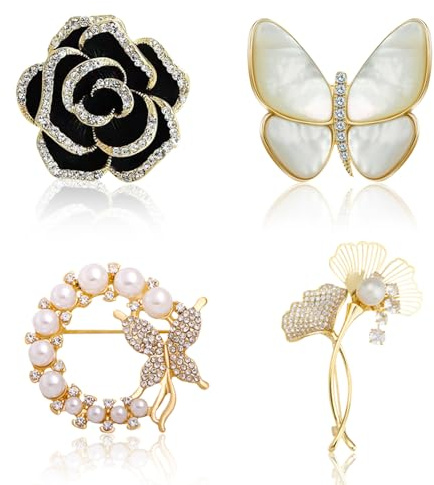 BSITSSS 4 Stück Brosche für Damen, Kristall Perle Blume Broschen, Elegante Broschen für Kleidung, Vintage Brosche Pin, Brooch für Schal, Mantel Kleidung, Kleider Clip
