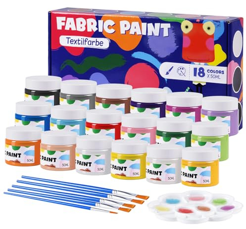 BLISSIQUEE Textilfarbe Waschmaschinenfest 18 Farben je 50ml - Stoffmalfarben Set mit 5 Pinseln, Mischpalette - Hochdeckend für T-Shirts, Jeans, Schuhe auf hellen und dunklen Stoffen
