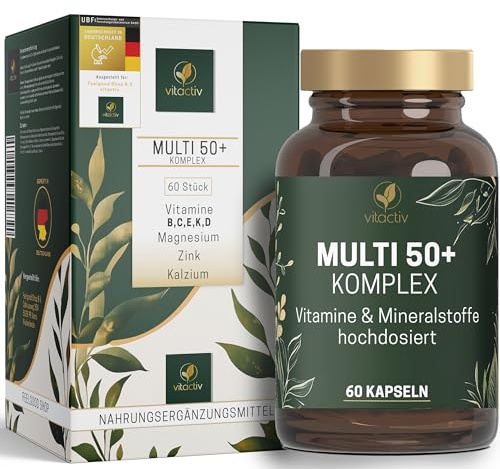 Vitactiv MULTI 50 plus - Multivitamin Komplex Menschen ab 50 - Vitamine, Mineralien, Spurenelemente - Vitamin B, C, E, K, D, Magnesium, Kalzium, Zink - Hochdosiert, Hormonfrei, ohne Jod - 60 Kapseln