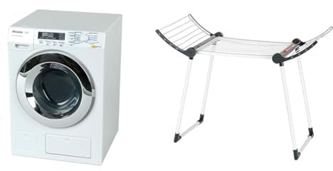 Theo Klein 6941 Miele Waschmaschine I Vier Waschprogramme und Originalgeräusche I 18,5 cm x 26 cm x 18 cm I Spielzeug für Kinder ab 3 Jahren, Weiss & 6735 - Vileda Trockenständer, Spielzeug