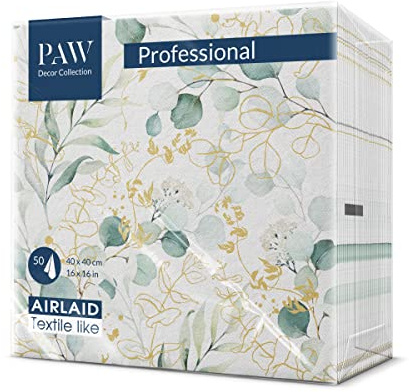 PAW - Servietten aus Airlaid - Stoffähnlich (40 x 40 cm) I 50 Stück I Ideal für Hochzeit, Taufe, Kommunion, Geburtstag I Stoffservietten - Blätter, EukalyptusI Farbe: Golden eucaliptus