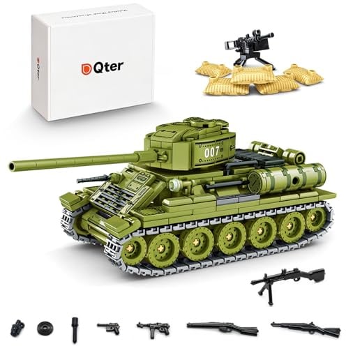 Qter WW2 Militär Panzer Modell, T-34 Tank Klemmbaustein MOC Bausteine Set, Erwachsene Modellbausatz für Sammler und Panzerfans (528 Teile) (T-34 Panzer)