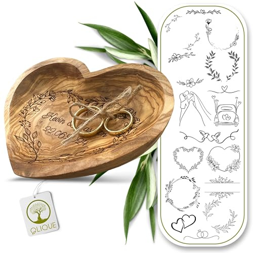 OLIQUE Ringkissen Hochzeit aus Olivenholz, personalisiert - Handgemachte Holzschale in Herzform