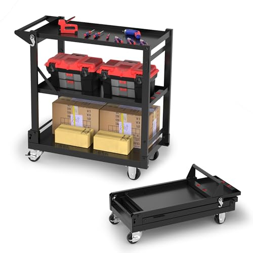 WORKPRO Servierwagen 3-in-1, Klappbarer Wagen 3 Etagen, Rollwagen klappbar, Dienstwagen mit Rädern, für Küche, Hotel, Werkstatt, Kunststudio und Galerie