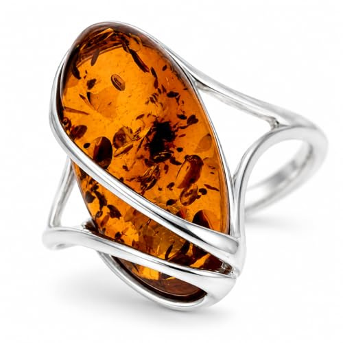 SilverAmber Jewellery Großer verstellbarer Ring aus 925er Sterlingsilber und baltischem Honig Bernstein - GL423A Cognac