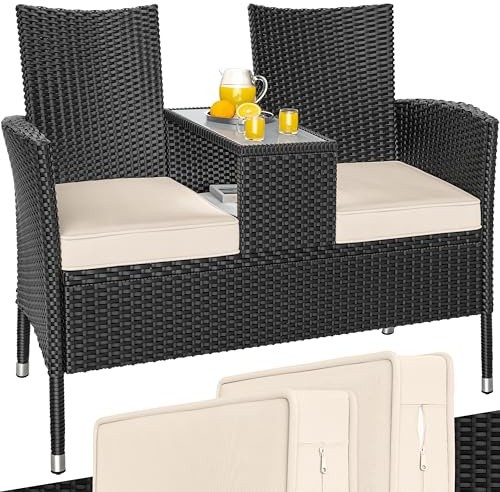 CASARIA® Gartenbank aus Polyrattan inkl. Auflagen | 143x55cm, Wetterfest,bis 320kg Belastbar, Tisch, Ablage, UV-beständig, Garten, Balkon, Bank 2-Sitzer, Anthrazit