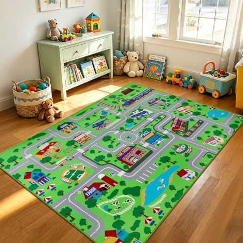 Capslpad Kinder Spielteppich 150x200cm Extra Große Stadtleben Teppich Auto Rennen Matte Bildung Verkehr Straße Teppich Spiel Teppich für Spielzimmer Baby Kleinkind Junge Kinderzimmer Schlafzimmer