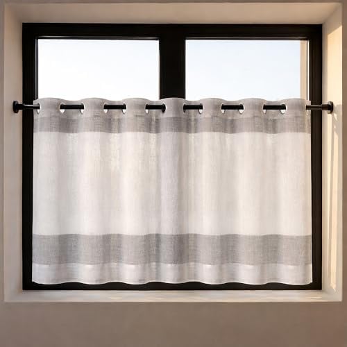 Happy Home Scheibengardine mit Ösen 140x50 cm – Halbtransparenter Vorhang Leinenoptik Grau Weiß – Moderne Bistrogardine für Küche & Bad – Küchengardine Kurz & Waschbar