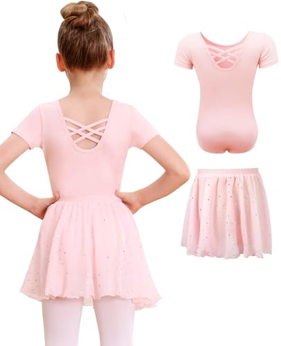 MYSSUCI Ballettkleidung Mädchen Ballettkleid Kinder Kurzarm Baumwolle Ballettanzug Tanzbody Tanzkleid mit Chiffon Rock Tütü 3-11Jahre (Rosa, 120)