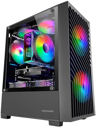 Mars Gaming MC-Vortex, MicroATX Gaming-Gehäuse, Geometrisches Mesh-Frontpanel, Seitenscheibe aus gehärtetem Glas, 3X 120mm FRGB Rainbow Lüfter, Kompaktes PC-Gehäuse mit Doppelkammere-Design, Schwarz