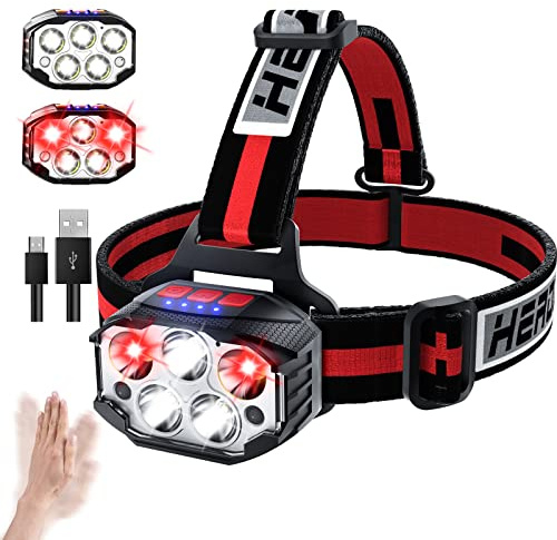 Stirnlampe 1100 Lumen LED Wiederaufladbar mit Bewegungssensor, 14 Modi Kopflampe mit Rotlicht, USB Aufladbar, 90° Verstellbar, IPX4 Wasserdicht für Joggen, Camping, Wandern, Arbeiten im Dunkeln