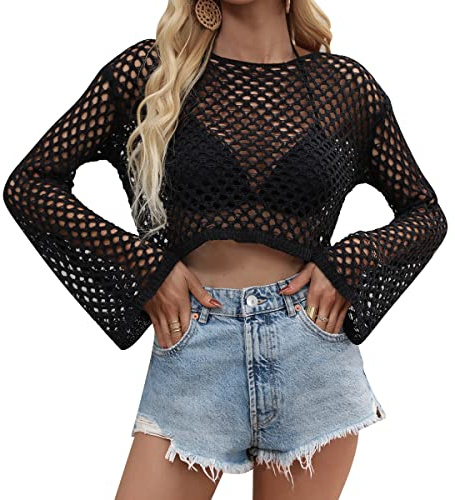 Odizli Damen Langarm Sexy Hollow Out Strickpullover Crochet Crop Top Pullover Streetwear