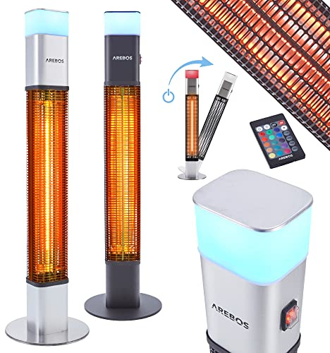 Arebos 1500 Watt Stand Heizstrahler Silber | inkl.16 Farben LED-Licht mit Fernbedienung | Kohlenstoff Infrarotstrahler für Außenbereich | Terrassenstrahler