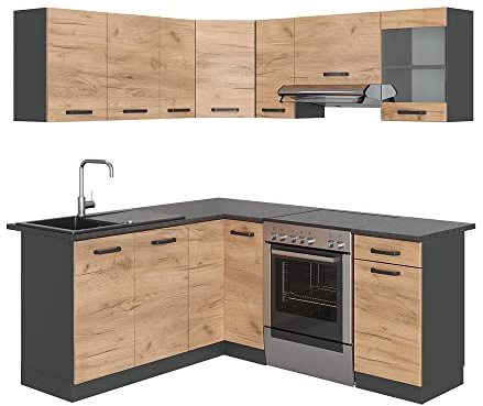 Vicco Eckküche Rick, Goldkraft Eiche/Anthrazit, 190 x 46 cm, AP Anthrazit, mit modular erweiterbaren Elementen für Flexible Küchenplanung