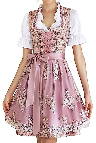 Dirndl Damen Midi Trachtenkleid inkl. Trachtenrock Dirndlbluse Dirndlschürze für Oktoberfest Pink 38