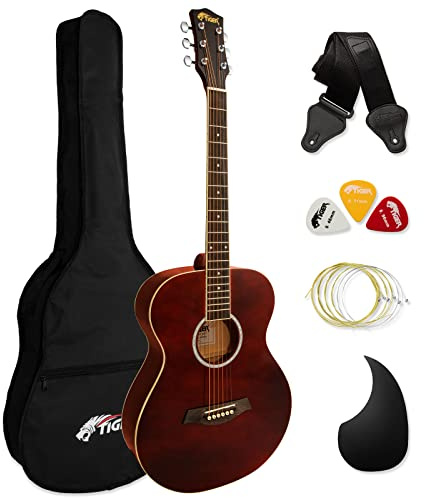 Akustische Stahlsaiten-Gitarre, volle Größe, für Anfänger, Packung enthält Gigbag, Gurt, Scratchplate und Ersatzsaiten - Kastanie - TIGER ACG2-RD