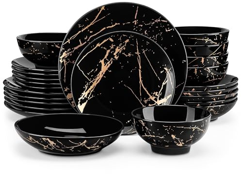 LOVECASA Tafelservice porzellan, Serie Daphne, SWEET 24-teiliges Kombiservice Set, Ess Geschirrset mit Goldspritzer Design, Speiseteller, Dessertteller, Müslischalen und Suppenteller für 6 Personen