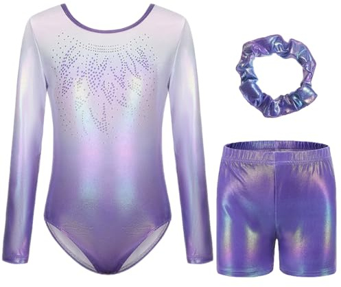 Boteria Dreiteilige Gymnastikanzug Mädchen Turnanzug Leotard Turnshorts und Haarband Set, Langarm Ballettröckchen Kleid Trikotanzug Gymnastik Outfit Set für 5-12 Jahre