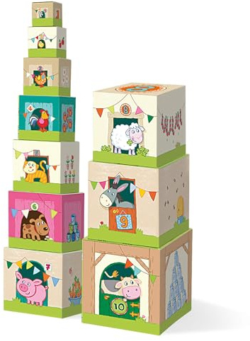 HABA Stapelwürfel Auf dem Land – Stapelspiel ab 1 Jahr mit Bauernhof-Motiven – 10 Würfel aus stabilem Karton – Fördert Motorik & erstes Zählen – 1005879001
