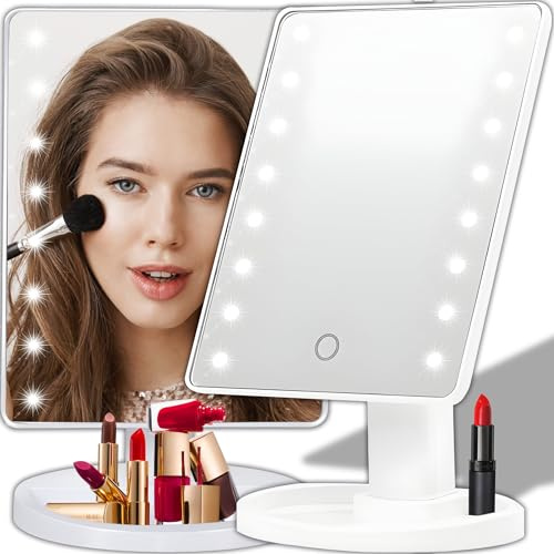 Retoo Kosmetikspiegel mit 16 LEDs, Weiß, 26,5 x 17 cm | 360° drehbar, 180° neigbar, Touch-Bedienung, Ablage im Sockel, 4x AA-Batterien, ABS-Kunststoff