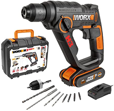 WORX WX390 SDS-Plus Bohrhammer – 20V Bohrmaschine mit pneumatischem Schlagwerk zum Schrauben, Bohren und Hämmern ohne Akku, Ladegerät und Tragekoffer