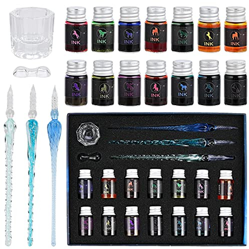 GOLDGE Federhalter aus Glas, Glasstifte Set, Kalligraphie Glasfederhalter | 19PCS Glasstifte Bunte Tinten Glasstifthalter Stifthalter für Unterschrift Handschrift Dekorationsgeschenk