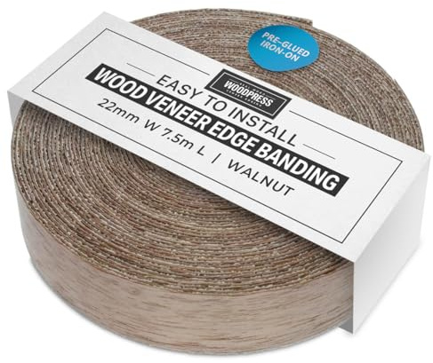WoodPress 22mm Echt Nussbaum, Eisen-On Kantenanpassung – Hohe Qualität 7,5m Rolle – Vorgeklebt Holzfurnierband für die Einfache DIY-Anwendung – Bedeckt den Rand eines Standard-MDF-Panels
