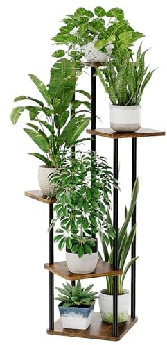 Bamworld Blumenständer Pflanzenständer Pflanzenregal aus Holz und Metall – Modernes Regal für Zimmerpflanzen, 5 Etagen, Stabil und platzsparend, Ideal für Wohnzimmer, Balkon und Büro