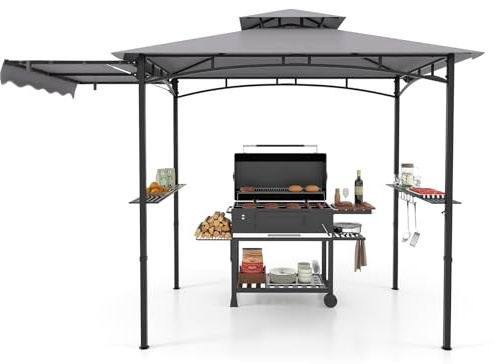 COSTWAY Grillpavillon mit Seitenmarkise, Doppeldach, 2 Seitenregalen & Haken, Gartenpavillon BBQ Pavillon, Grillüberdachungen wetterfest, Grillunterstand Garten Partys, 318x153x250 cm (Grau)