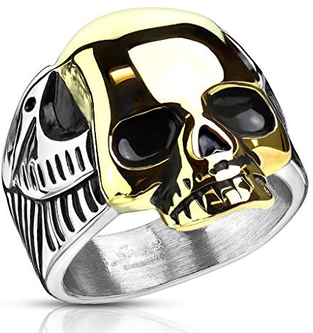 Paula & Fritz® Ring Herren Totenkopf Zweifarbig 316L Chirurgenstahl Größe 59 (18,8) - 75 (23,9) Silber - Gold Damen-Ring Partnerring Ehering Motivring
