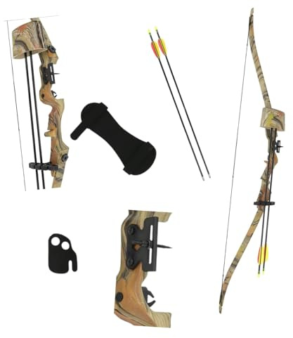 BSW-Flitzebogen Recurvebogenset 20 lbs Camo mit Fiberglaspfeilen, Pinvisier, Seitenköcher, Armschutz und Fingerschutz, Rechtshandbogen für Bogensport und Zielschießen