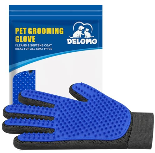 DELOMO Fellpflegehandschuh für Hunde & Katzen – Tierhaarentferner Massagehandschuh, Bürstenhandschuh mit weichen Gummispitzen, 5-Finger Design, atmungsaktives Mesh, waschbar (1 STK.)