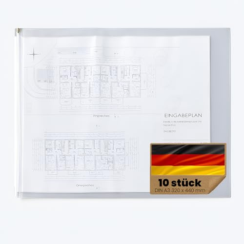 Original Böck Planschutzhüllen (320 x 440 mm) Din A3 – 10 Stück | Transparente Schutzhüllen mit Reißverschluss | Wasserfest, reißfest, beschreibbar | Schutzfolie für Baupläne & Dokumente