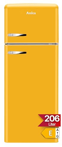 Amica KGC 15633 Y Retro Kühl-/Gefrierkombination / Honey Yellow (Gelb) / 144cm (H) x 55cm (B) x 62cm (T) / Retro-Design / Kühlschrank mit Gefrierfach