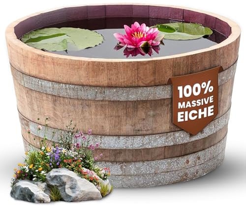 Temesso Holzfass, gebrauchtes Weinfass halbiert aus Eichen-Holz Fass als Pflanzkübel oder Miniteich (D70 H40 cm 100 Liter)