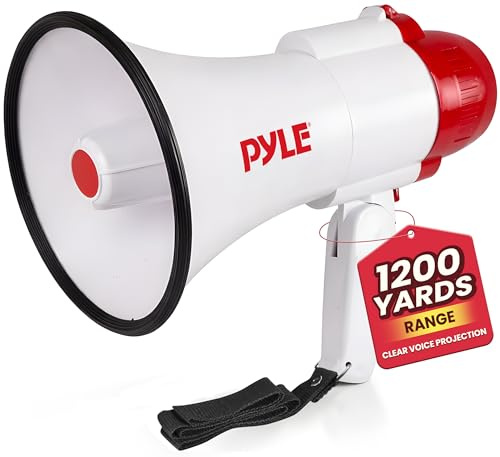 Pyle Megafon 30W mit Sirene & Mikrofon, Weiß Faltbares Megaphone für Kinder & Erwachsene, Lautsprecher für Fußball, Events, Notfälle